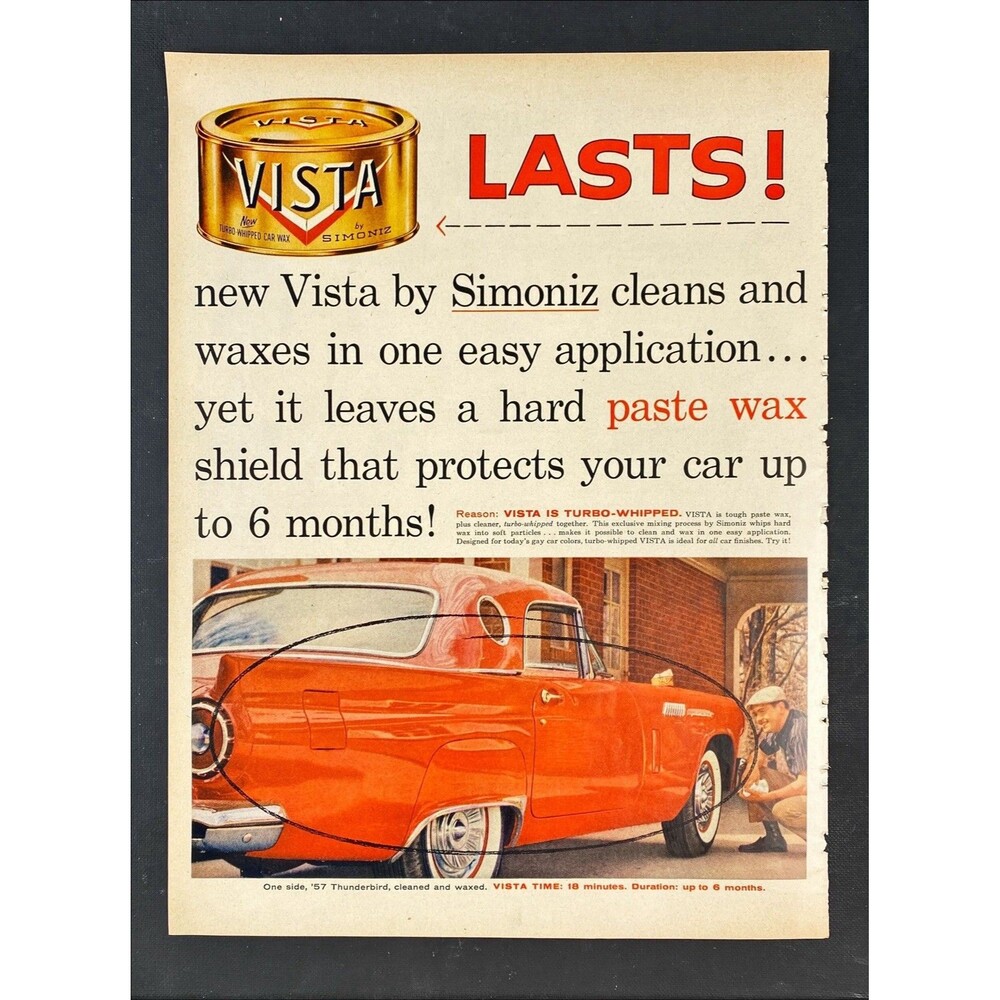Vista Car Wax by Simoniz "Vista Time" '57 Ford Thunderbird Vintage Print Ad '57 - Picture 3 of 3